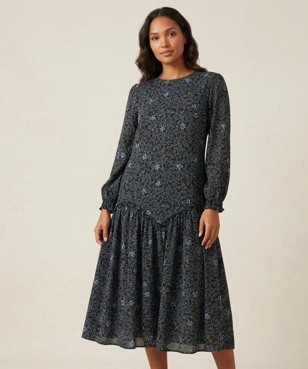 Vintage Miss Finch NYC Floral Drop Waist Midi Dress Small Black Blue Long Sleeve